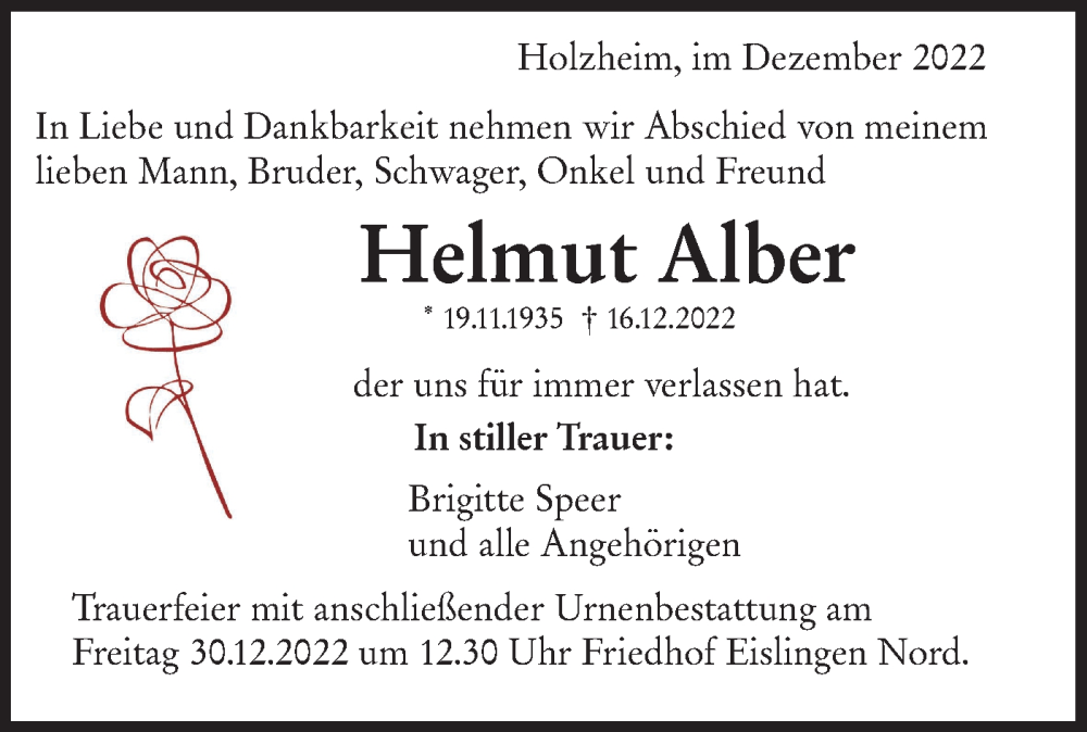  Traueranzeige für Helmut Alber vom 27.12.2022 aus NWZ Neue Württembergische Zeitung
