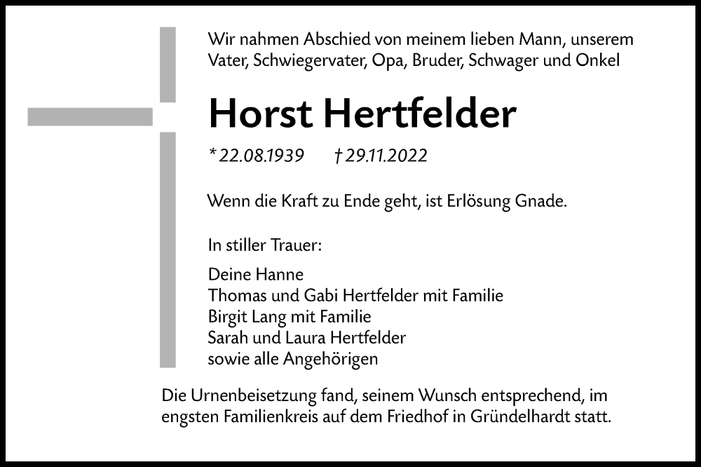  Traueranzeige für Horst Hertfelder vom 17.12.2022 aus Hohenloher Tagblatt