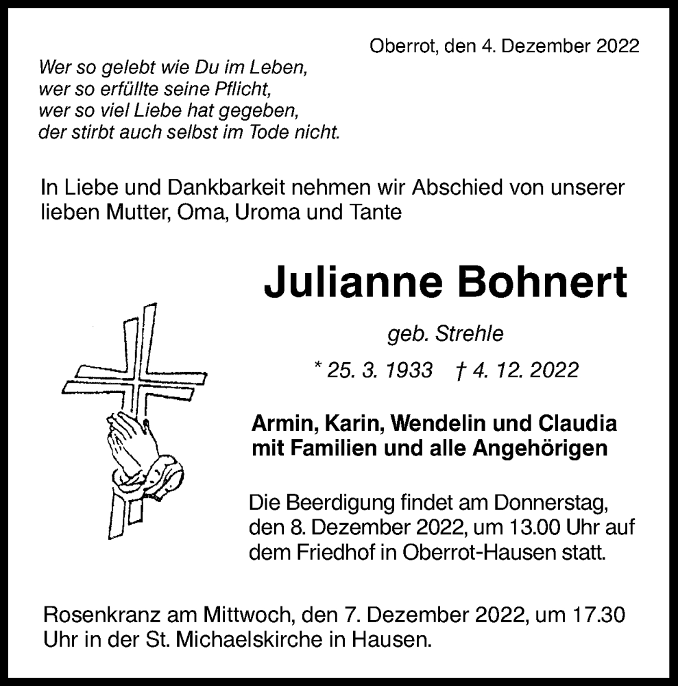  Traueranzeige für Julianne Bohnert vom 07.12.2022 aus Haller Tagblatt