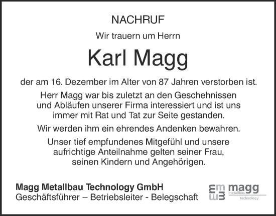Traueranzeige von Karl Magg von SÜDWEST PRESSE Ausgabe Ulm/Neu-Ulm