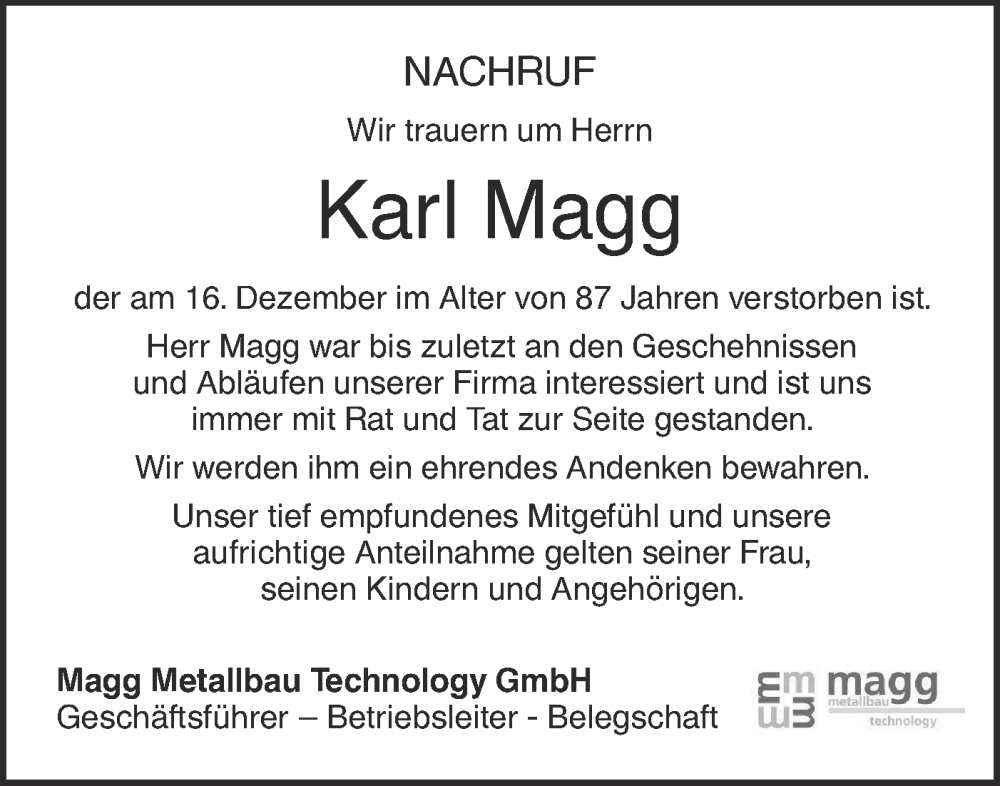 Traueranzeige für Karl Magg vom 23.12.2022 aus SÜDWEST PRESSE Ausgabe Ulm/Neu-Ulm