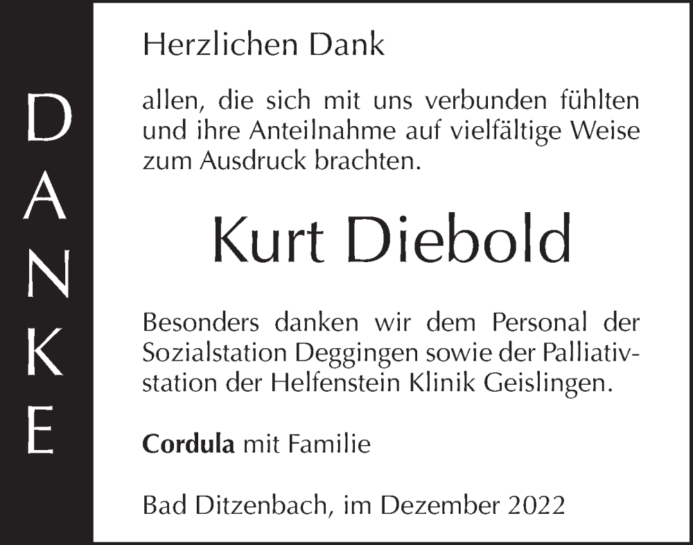  Traueranzeige für Kurt Diebold vom 03.12.2022 aus Geislinger Zeitung