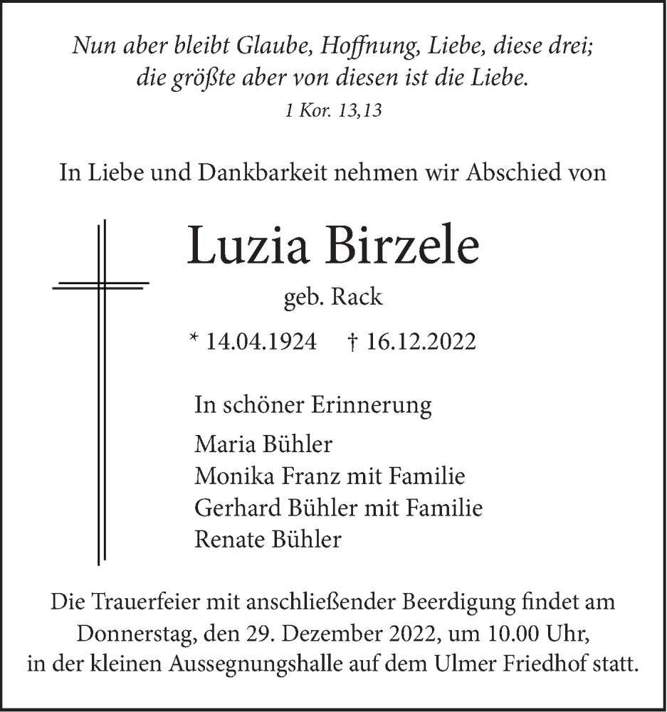  Traueranzeige für Luzia Birzele vom 23.12.2022 aus SÜDWEST PRESSE Ausgabe Ulm/Neu-Ulm