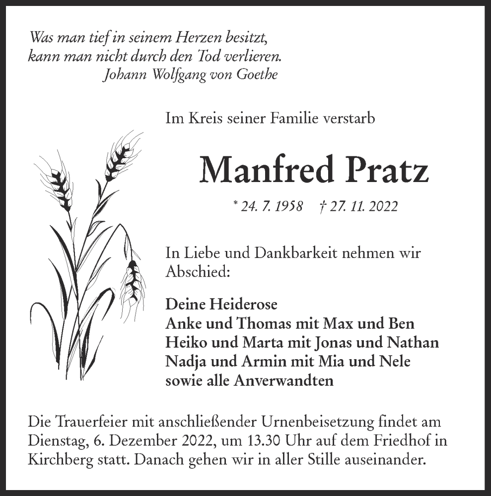  Traueranzeige für Manfred Pratz vom 03.12.2022 aus Hohenloher Tagblatt