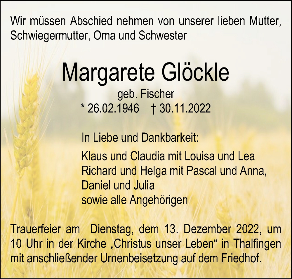  Traueranzeige für Margarete Glöckle vom 03.12.2022 aus SÜDWEST PRESSE Ausgabe Ulm/Neu-Ulm