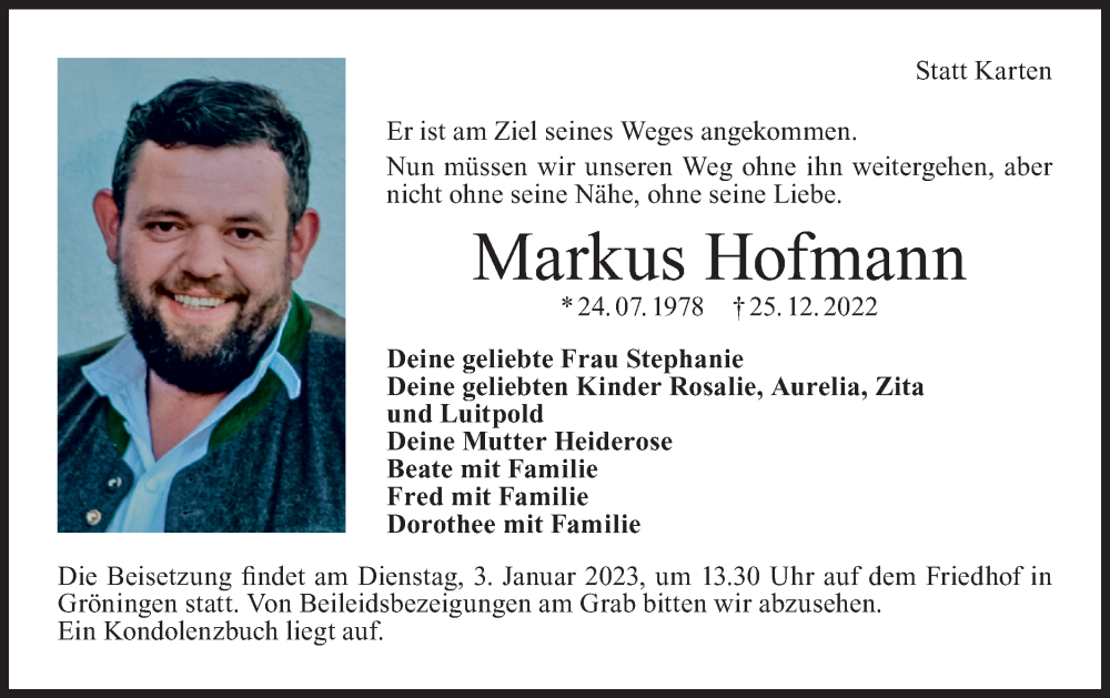  Traueranzeige für Markus Hofmann vom 29.12.2022 aus Hohenloher Tagblatt