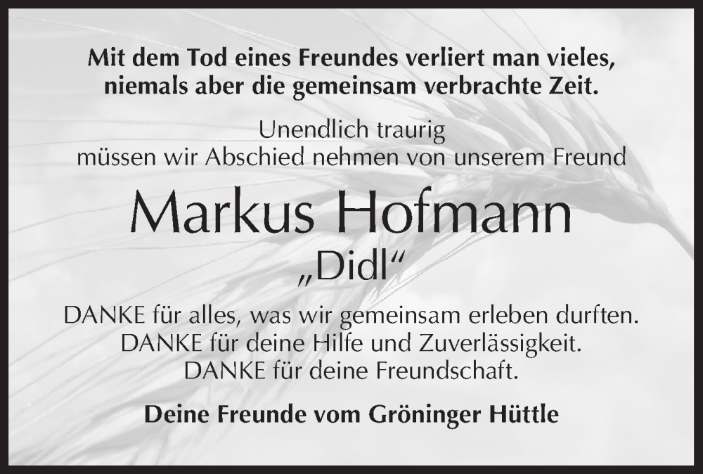  Traueranzeige für Markus Hofmann vom 31.12.2022 aus Hohenloher Tagblatt