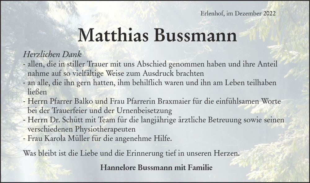  Traueranzeige für Matthias Bussmann vom 31.12.2022 aus Rundschau Gaildorf