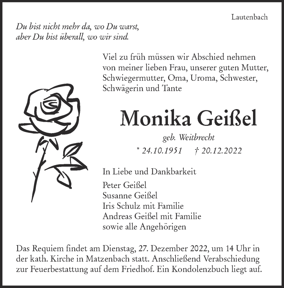  Traueranzeige für Monika Geißel vom 23.12.2022 aus Hohenloher Tagblatt