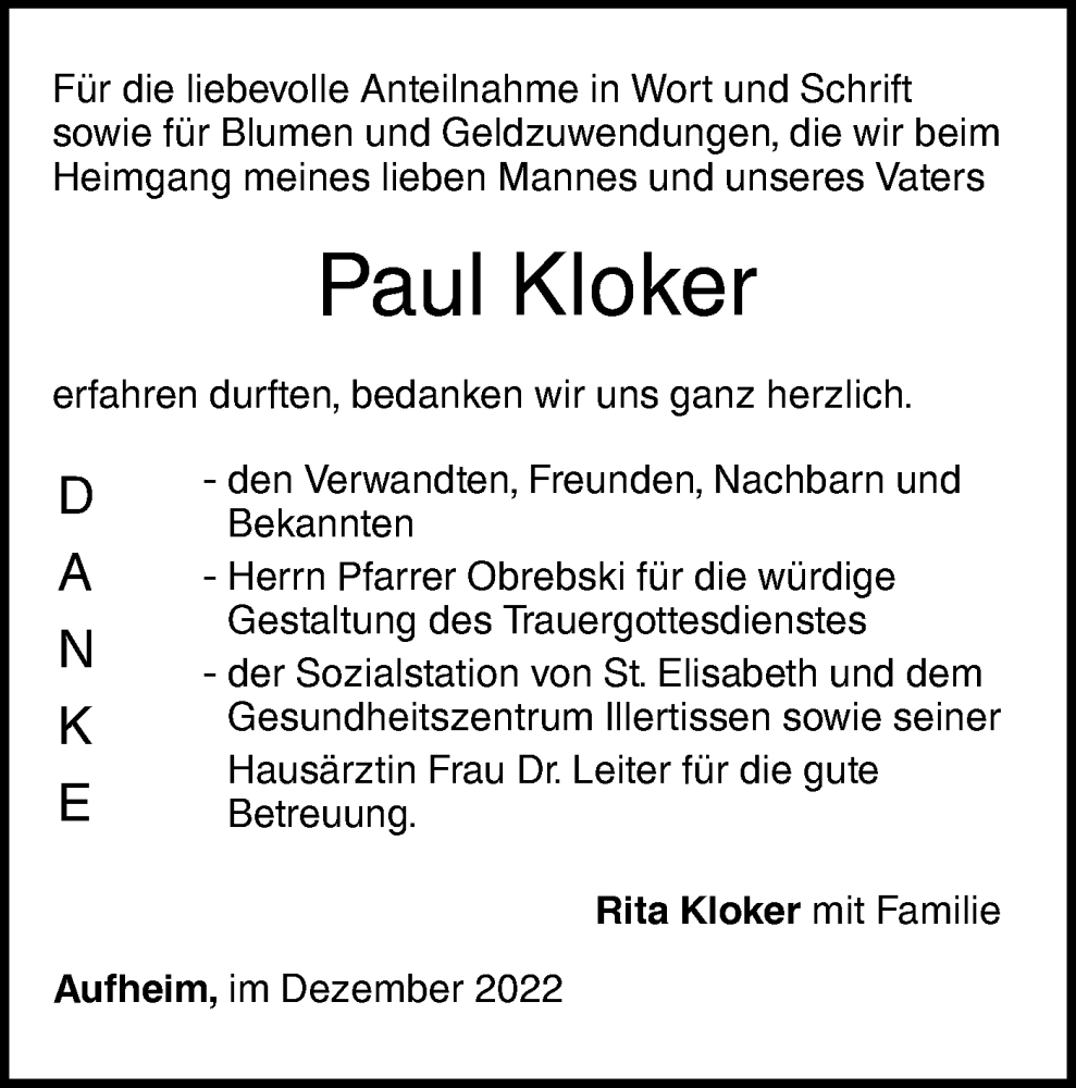  Traueranzeige für Paul Kloker vom 12.12.2022 aus SÜDWEST PRESSE Ausgabe Ulm/Neu-Ulm