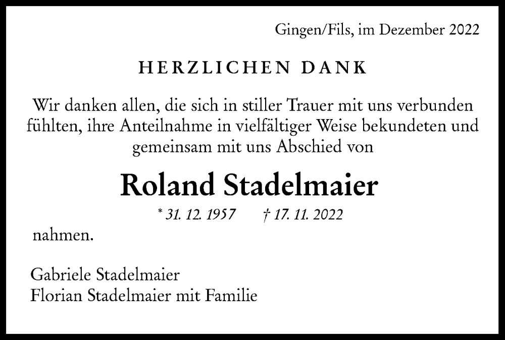  Traueranzeige für Roland Stadelmaier vom 05.12.2022 aus NWZ Neue Württembergische Zeitung/Geislinger Zeitung