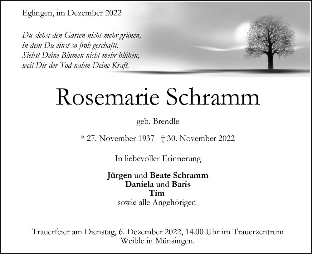  Traueranzeige für Rosemarie Schramm vom 03.12.2022 aus Alb-Bote/Metzinger-Uracher Volksblatt