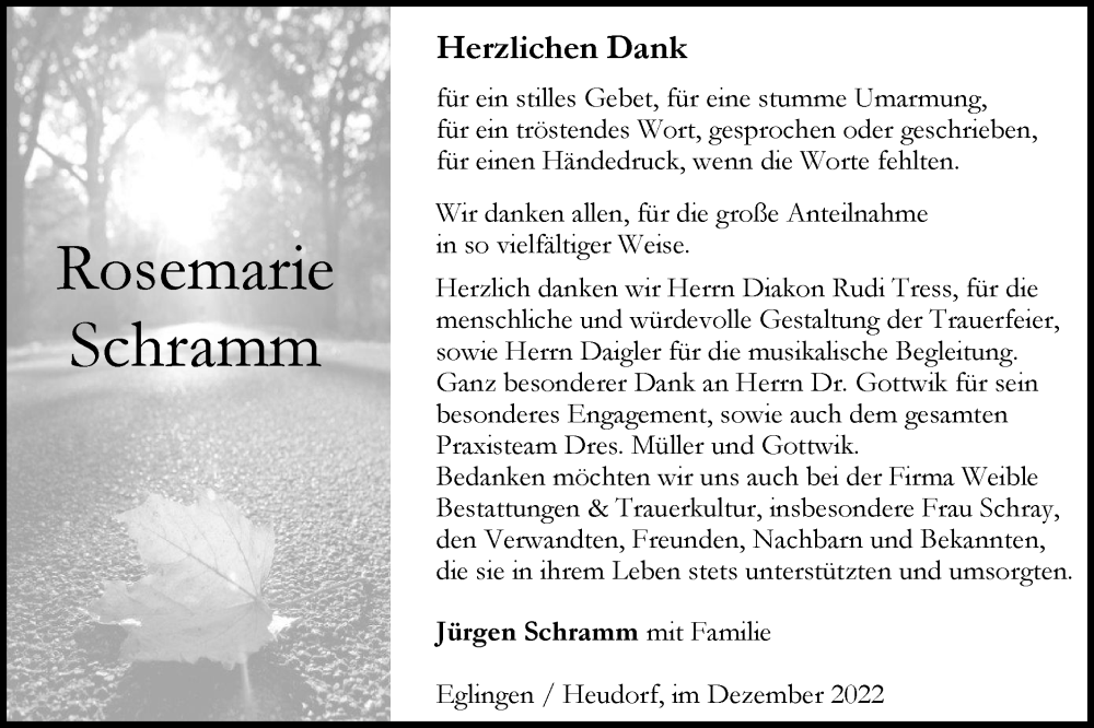  Traueranzeige für Rosemarie Schramm vom 17.12.2022 aus Alb-Bote/Metzinger-Uracher Volksblatt