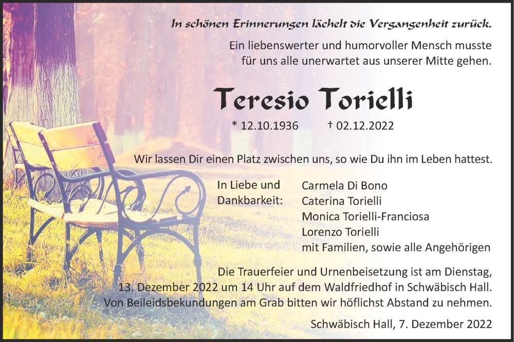  Traueranzeige für Teresio Torielli vom 07.12.2022 aus Haller Tagblatt