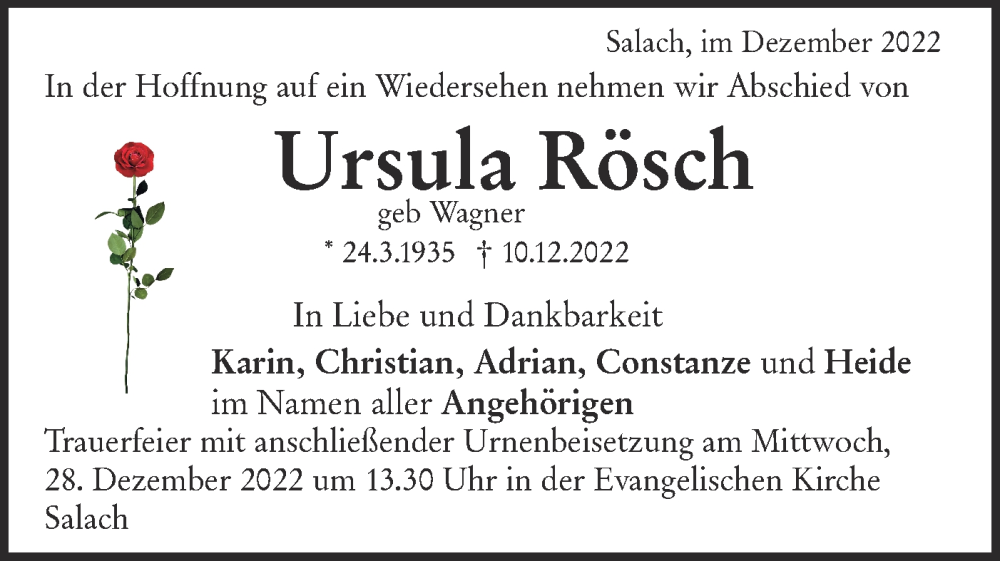  Traueranzeige für Ursula Rösch vom 24.12.2022 aus NWZ Neue Württembergische Zeitung