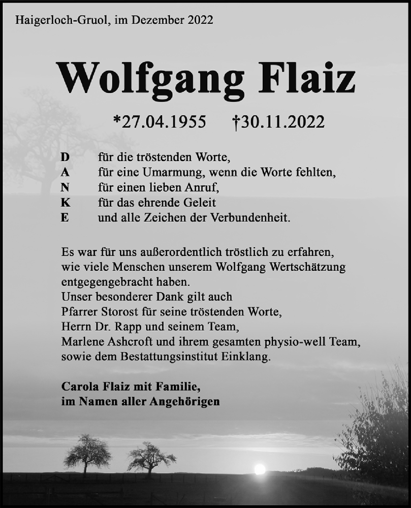  Traueranzeige für Wolfgang Flaiz vom 23.12.2022 aus Metzinger-Uracher Volksblatt