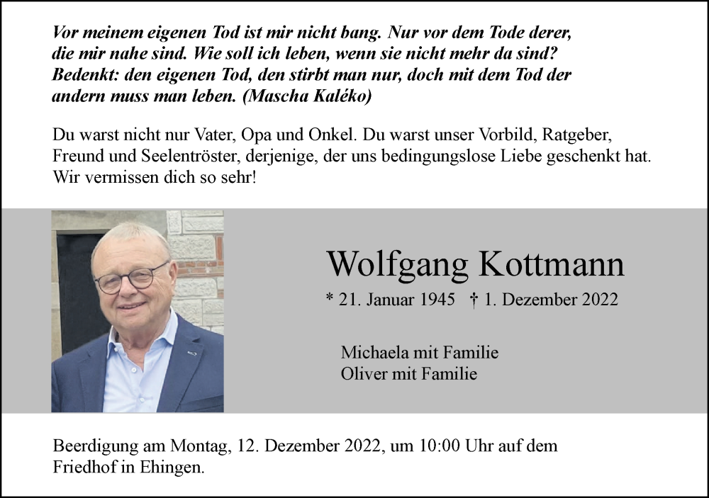  Traueranzeige für Wolfgang Kottmann vom 07.12.2022 aus Ehinger Tagblatt