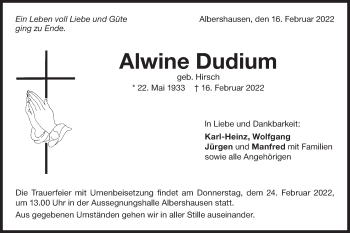 Traueranzeige von Alwine Dudium von NWZ Neue Württembergische Zeitung