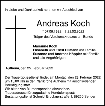 Traueranzeige von Andreas Koch von SÜDWEST PRESSE Ausgabe Ulm/Neu-Ulm