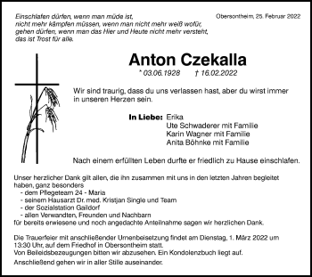 Traueranzeige von Anton Czekalla von Haller Tagblatt