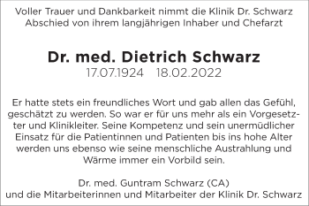 Traueranzeige von Dietrich Schwarz von SÜDWEST PRESSE Ausgabe Ulm/Neu-Ulm