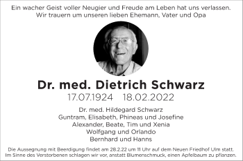 Traueranzeige von Dietrich Schwarz von SÜDWEST PRESSE Ausgabe Ulm/Neu-Ulm