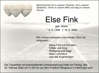 Traueranzeige von Else Fink von Metzinger-Uracher Volksblatt