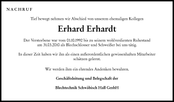 Traueranzeige von Erhard Erhardt von Rundschau Gaildorf
