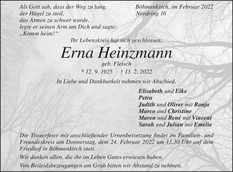  Traueranzeige für Erna Heimmann vom 19.02.2022 aus Geislinger Zeitung