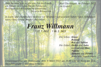 Traueranzeige von Franz Willmann von Geislinger Zeitung