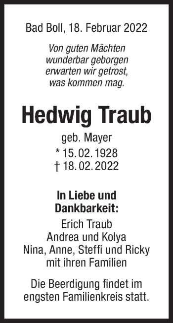 Traueranzeige von Hedwig Traub von NWZ Neue Württembergische Zeitung
