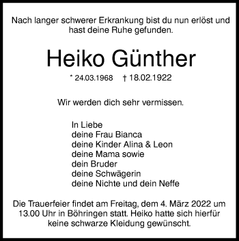 Traueranzeige von Heiko Günther von Metzinger-Uracher Volksblatt