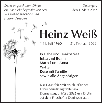 Traueranzeige von Heinz Weiß von Metzinger-Uracher Volksblatt