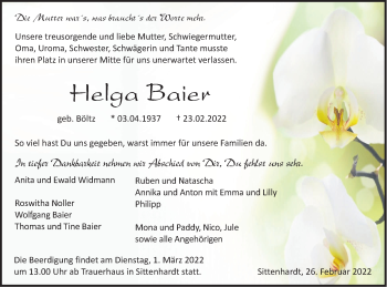 Traueranzeige von Helga Baier von Haller Tagblatt