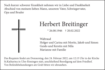 Traueranzeige von Herbert Breitinger von SÜDWEST PRESSE Ausgabe Ulm/Neu-Ulm