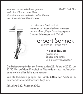 Traueranzeige von Herbert Sonnek von Hohenloher Tagblatt