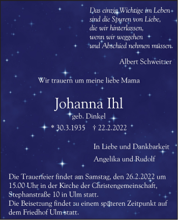 Traueranzeige von Johanna Ihl von SÜDWEST PRESSE Ausgabe Ulm/Neu-Ulm