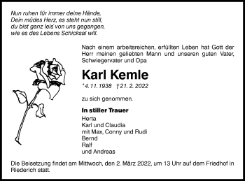 Traueranzeige von Karl Kemle von Metzinger-Uracher Volksblatt