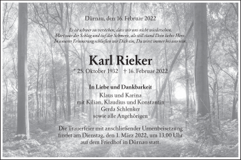 Traueranzeige von Karl Rieker von NWZ Neue Württembergische Zeitung