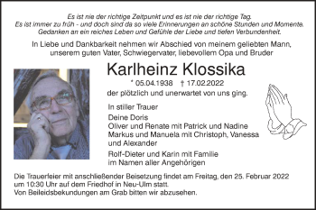Traueranzeige von Karlheinz Klossika von SÜDWEST PRESSE Ausgabe Ulm/Neu-Ulm