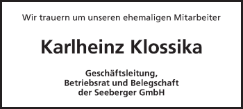 Traueranzeige von Karlheinz Klossika von SÜDWEST PRESSE Ausgabe Ulm/Neu-Ulm