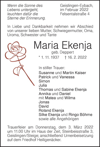 Traueranzeige von Maria Ekenja von Geislinger Zeitung
