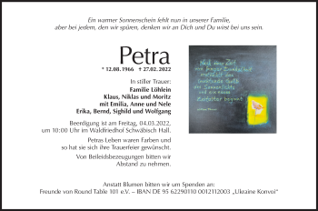 Traueranzeige von Petra  von Haller Tagblatt