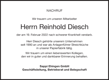 Traueranzeige von Reinhold Diesch von Ehinger Tagblatt