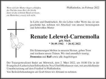 Traueranzeige von Renate Lelewel-Carnemolla von SÜDWEST PRESSE Ausgabe Ulm/Neu-Ulm