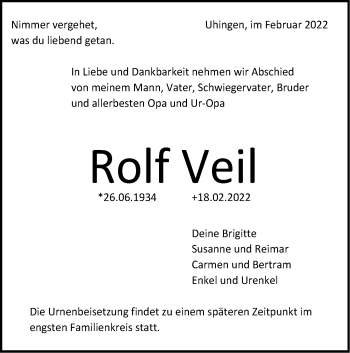 Traueranzeige von Rolf Veil von NWZ Neue Württembergische Zeitung