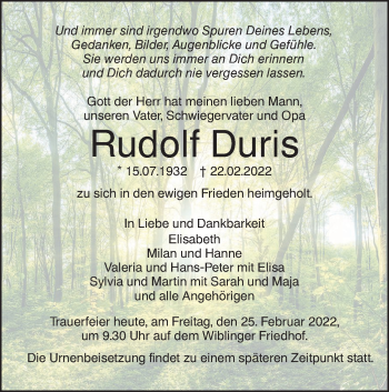 Traueranzeige von Rudolf Duris von SÜDWEST PRESSE Ausgabe Ulm/Neu-Ulm