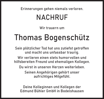 Traueranzeige von Thomas Bogenschütz von Metzinger-Uracher Volksblatt