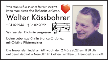 Traueranzeige von Walter Kässbohrer von SÜDWEST PRESSE Ausgabe Ulm/Neu-Ulm