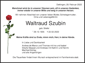 Traueranzeige von Waltraud Szubin von Metzinger-Uracher Volksblatt